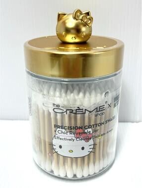 The Crème Shop Hello Kitty Reusable Jar Matte Gold Cotton Swabs Chic Collectible